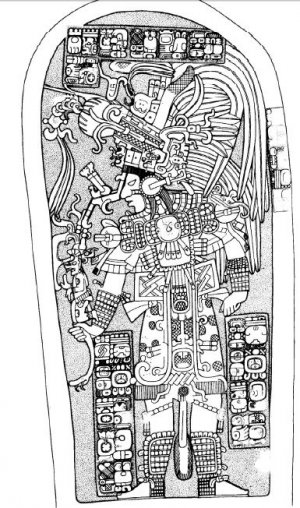 Стела 3 из Мачакилы, установленная в день окончания нетипичного периода 9.19.5.11.0, 1 Ахав 13 Кумк’у. Прорисовка Я. Грэхэма.