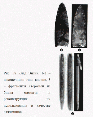  Рис. 38 Клад Энзик. 1-2 - наконечники типа кловис, 3 - фрагменты стержней из бивня мамонта и реконструкция их использования в качестве отжимника.