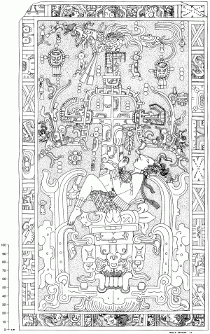 Прорисовка рельефа на крышке саркофага К’инич-Ханаахб-Пакаля.