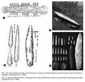 Рис. 13. Клад Нарука-Санка. Прорисовки из ранних публикаций и реконструкция (источник фото­графий: Kobayashi et al. 1988)