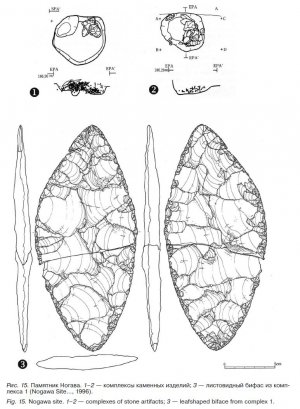 Рис. 15. Памятник Ногава. 1-2 — комплексы каменных изделии; 3 — листовидный бифас из комп­лекса 1 (Nogawa Site..., 1996).