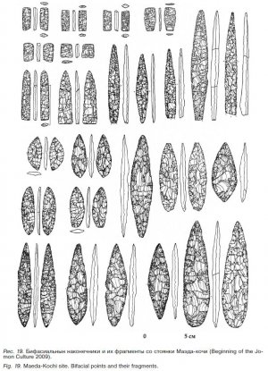 Рис. 19. Бифасиальнын наконечники и их фрагменты со стоянки Маэда-кочи (Beginning of the Jomon Culture 2009).