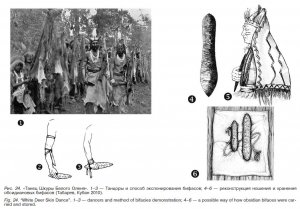 Рис. 24. «Танец Шкуры Белого Оленя». 1-3 — Танцоры и способ экспонирования бифасов; 4-6 — реконструкция ношения и хранения обсидиановых бифасов (Табарев, Кубан 2010).