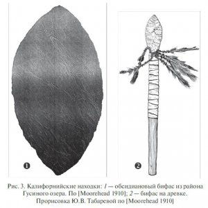  Рис. 3. Калифорнийские находки: 1 — обсидиановый бифас из района Гусиного озера. По [Moorehead 1910]; 2 — бифас на древке. Прорисовка Ю.В. Табаревой по [Moorehead 1910]