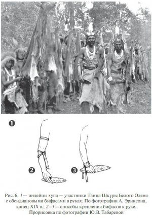  Рис. 6. 1 — индейцы хупа — участники Танца Шкуры Белого Оленя с обсидиановыми бифасами в руках. По фотографии А. Эриксона, конец XIX в.; 2—3 — способы крепления бифасов к руке.  Прорисовка по фотографии Ю.В. Табаревой
