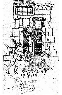 Рис. 5. П.Альварадо устраивает резню индейцев в Главном Храме ацтеков (Кодекс Теллериано, XVI в.)