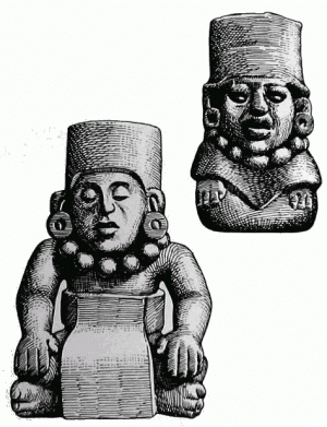 5. Глиняные статуэтки сапотекского аристократа (слева) и аристократки (справа), с жадеитовыми ожерельями и ушными серьгами. Высота мужской статуэтки 15 см.