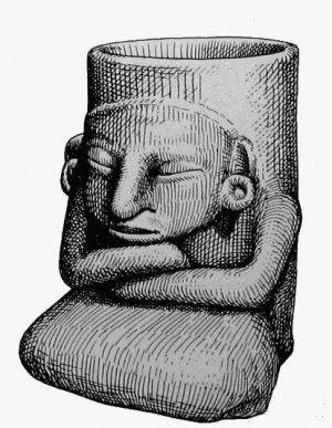 12. Сапотекская погребальная урна, изображающая согнутое тело с жадеитовыми серьгами, вероятно, знатного предка. Высота 13 см.
