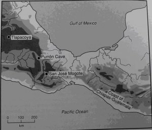 64. На карте показаны некоторые из тех мест, где археологи сегодня ищут истоки оседлой жизни и гончарства в Мезоамерике.