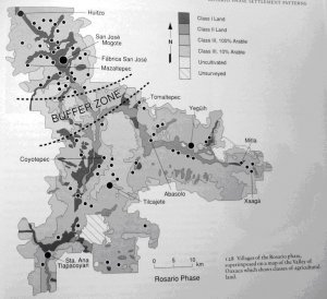 128. Деревни фазы Росарио, наложенные на карту классов с/х земель долины Оахака.