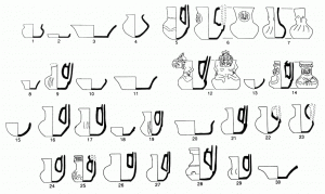 189. Тридцать сосудов из могилы фазы Поздний Монте-Альбан I в Томальтепеке. Высота самых высоких 25 – 30 см.