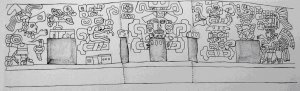 254. Стенные росписи на левой, задней и правой стене Гробницы 104, Монте-Альбан. Области, заштрихованные точками, обозначают ниши для приношений.