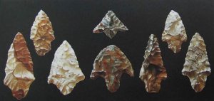 VI Кремневые наконечники для атлатля, или копьеметалки, использовавшиеся охотниками и собирателями, которые населяли Оахаку 8000 – 5000 лет назад. Длина крайнего слева наконечника 8.3 см. Зарисовал Джон Клаусмейер.