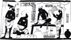 Сосуд из погребения в Тамариндито. Прорисовка Х. Вальдеса. Тайель-Чан-К’инич изображен сидящим на троне и проводит прием двоих своих ах к’уху’нов. Рядом с троном лежат ценные вещи, видимо, дань. В надписи на сосуде уточнено, что это изображение Тайель-Чан-К’инича с чих, алкогольным напитком из сока агавы, аналогом пульке. За ах к’уху’нами мы видим большой сосуд, вероятно, служивший емкостью для напитка.