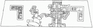 Сцена на фасаде «Сооружения 5D-57» в Тикале. Хасав-Чан-К’авииль І в одеянии мексиканского воина «представил» захваченного пленника. Прорисовка Л. Шиле