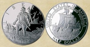 Половина доллара, выпущенного в 1992 году в честь открытия Колумбом Нового Света.