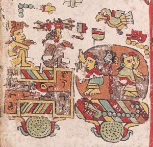 4 Движение и 7 Цветок в подземном мире, изображенном как площадка игры в мяч (Codex Zouche-Nuttal).