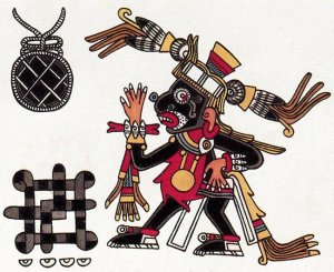 Божество Макуильшочитль, мяч для игры в олламалистли и доска для патолли (Codex Borgia).