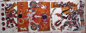 Красный и черный Тескатлипоки играют в мяч, в центре площадки жертва с вскрытой грудной клеткой. Кровь жертвы омывает мяч (Codex Borgia).