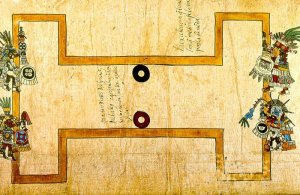 4 бога (или жреца) на площадке для игры в мяч во время одного из прадников (Codex Borgia).