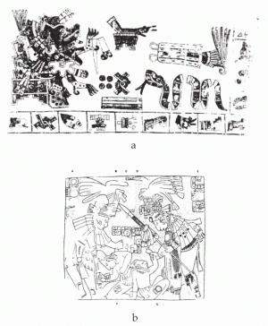 Рис. 2. Сравнение месоамериканской письменности и изобразительного искусства в Центральной Мексике позднего постклассического периода и в регионе майя классического периода