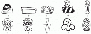 Рис. 5. Иероглифы, изображенные у основания деревьев, Течинантитла, см. также рисунок 6А (по Berrin 1988: Plates 1A-F).