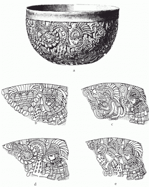 Рис. 8. Четыре фигуры с иероглифическими надписями, вероятно обозначающими их титулы, на керамической чаше, Лас-Колинас, Тлашкала.