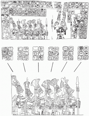 Рис. 11. Изображение майяских персонажей в военных регалиях теотиуаканского стиля, сопровождаемое иероглифическими текстами, Пьедрас-Неграс, притолока 2 (прорисовка Дэвида Стюарта).
