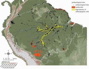 Концентрация археологических памятников и чернозема на карте Амазонии. Рис. WinklerPrins & Aldrich, E.G. Neves