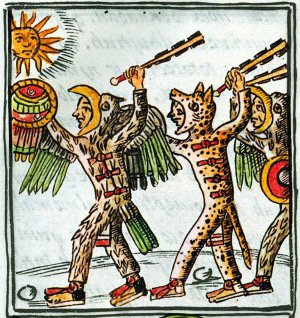 Ацтекские элитные воины-орлы и воины-ягуары сотрясают широкими мечами. Флорентийский кодекс, книга 2.
