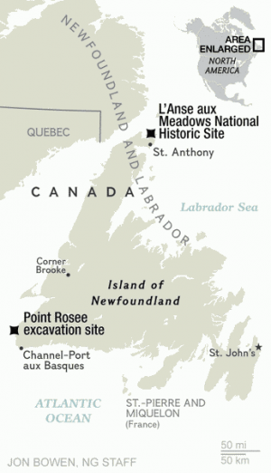 Карта острова Ньюфаундленд с обозначением предполагаемого места второго поселения викингов в Америке - Пойнт Роси