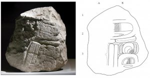 Фрагмент 1, вероятно, изначально являвшийся частью стелы 11 (фото В. Переса, прорисовка О. Эспарсы)