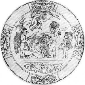 Диск из «Священного Сенота» в Чичеен-Ице, на котором показано столкновение воинов майя с тольтеками. Прорисовка Л. Шиле