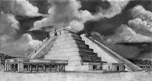 «Пирамида К’ук’улькан» в Майяпане. Реконструкция Л. Гонгоры