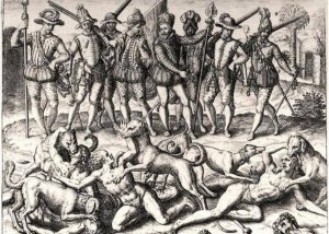Жестокости конкистадоров. Гравюра Теодора де Бри, 1583