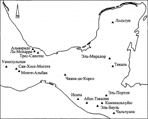 Рис. 1. Распределение надписей на памятниках монументальной архитектуры в ранней Мезоамерике