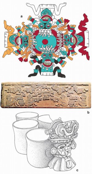 Рисунок 3. a) Космограмма с 4 различными Тлаалоками и соответствующими им цветами на крышке тепетлакалли Тисапана (прорисовка Фернандо Каррисоса); b) Четырёхсторонняя конфигурация позднеклассического сапотекского божества грома и дождя Косийо, нависшего над сценой с небольшим кувшином и окружённого сидящими людьми (Urcid 2009: 34); c) Раннеклассический образ сапотекского Косийо, прилаженный к четырём керамическим сосудам, демонстрирующим, таким образом, четырёхстороннюю природу этого божества (Flannery and Marcus 2003: Fig. 9.13).