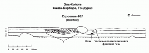 Рис. 4.4. Секция Строения 407, показывающая стратиграфические связи булыжников, раздробленных содержащих руду камней и детрита из медной мастерской.