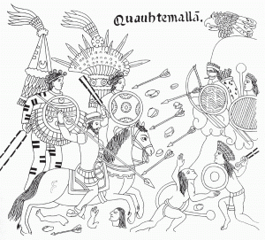 Рисунок 4.7. Лиенсо де Тлашкала, на которой запечатлено поражение майяских защитников тлашкальскими воинами в полных боевых регалиях, сопровождаемых испанским конкистадором верхом на лошади (Зарисовка Марейки Саттлер по изображению в манускрипте Чаверо 1864 года)