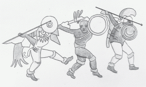 Рисунок 4.9. Воины у Чичен-Ицы, по зарисовкам, сделанным Фредериком Казервудом с фризов стен Большой площадки для игры в мяч; несмотря на то, что фризы были вырезаны в терминальный классический период, а зарисовки Казервуда были сделаны в 1841 году и они часто были местами домыслены, тем не менее, они дают нам некоторое представление о том, как выглядели воины майя, когда те выступили против испанцев в 1532 году (Зарисовка Мэтью Рестола).