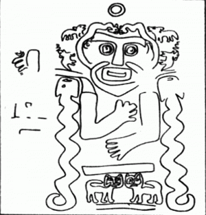 Прорисовка изображения на «Бородатом идоле» из полуподземного храма в Тиауанако. VI–I вв. до н. э.
