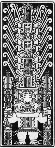Божество с жезлами в руках. Прорисовка изображения на каменной плите, найденной в развалинах Чавин-де-Уантар. VIII–V вв. до н. э.