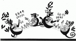 Зооморфные божества (олени, лиса, пума), держащие в руках фасолины со знаками. Прорисовка изображения на сосуде культуры мочика. V–VI вв. н. э.