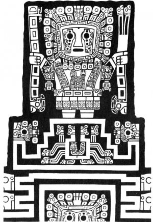 Божество с жезлами в руках. Прорисовка центральной части изображения на Двери Солнца в Тиауанако. VI–VII вв. н. э.