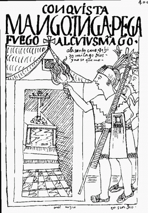  Рис.2. Манко Инка осаждает Куско. Рисунок из рукописи: Felipe Huaman Poma de Ayala. El primer nueva crónica y buen gobierno. Pág. 400.