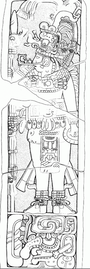 Стела 3 из Тамариндито. Прорисовка Я. Грехема. На ней изображен правитель, который носит головной убор с именем Миин-Мо’-Эк’а