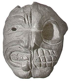 Рисунки 9, 10. «Дуальная» маска, одна половина которой изображает человеческое лицо (череп), другая – череп ягуара. Простой узор на второй маске, вероятно, является пережитком архаичного культа красного мухомора.