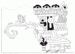 Илл. 5.6. Бог Грозы с плетённым контейнером на спине на фреске из Сакуалы (зарисовка по Fuente 1995b:fig. 21.4)