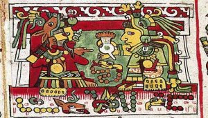 Миштекский кодекс XIV в. Зуш-Нэттол сохранил изображение, где госпожа Йасийоо («13 Змея») предлагает господину Ийанакуаа («8 Олень») чашу с какао для освящения собственной свадебной церемонии. Деталь.