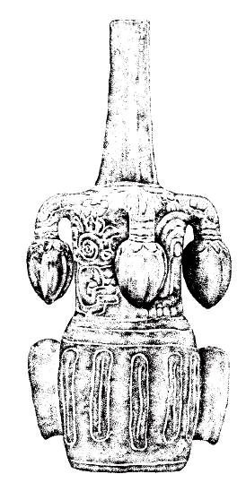 Керамический сосуд стиля Тембладера. На ней изображена обезьяна и, возможно, какао дерево. 1100-700 гг. до н.э. Долина Хекетепек, северное Перу. Зарисовка Kata Faust по Bonavia (1994:Photograph 6).